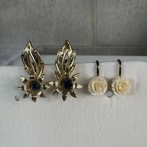 Vintage Gold Flower with Blue Center & Cream Rose Clip-On Earrings